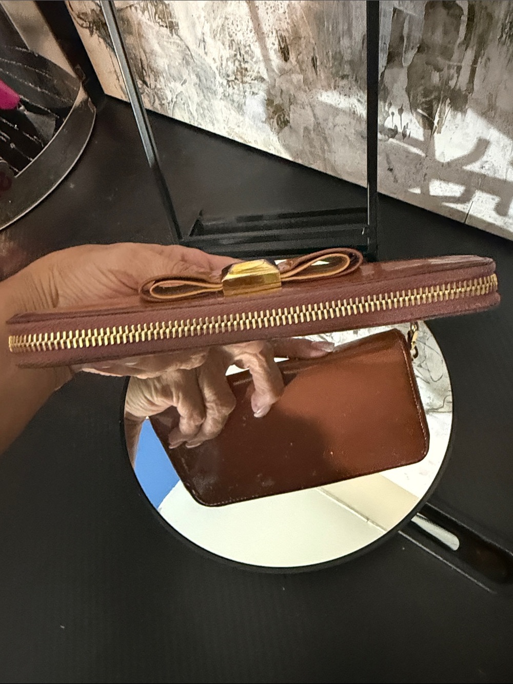 Miu Miu Brown Bow-Accent Zip Wallet - Picture 7 of 9